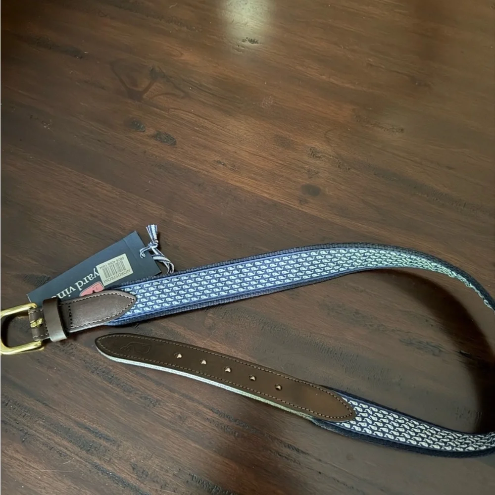 Vineyard Vines Blue and White Kids Belt with Brown Leather Trim